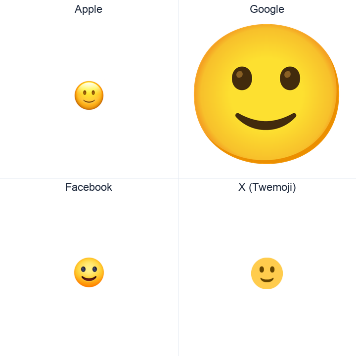 Slightly Smiling Face emoji in a square grid: Apple and Google on the top row, Facebook and X Twemoji on the bottom, on white.