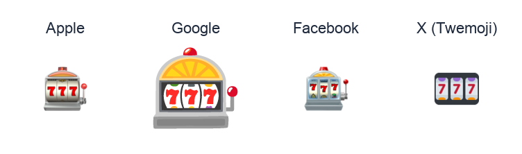 Slot Machine emoji artwork compared side by side for Apple, Google Noto, Facebook, and X Twemoji styles on white.