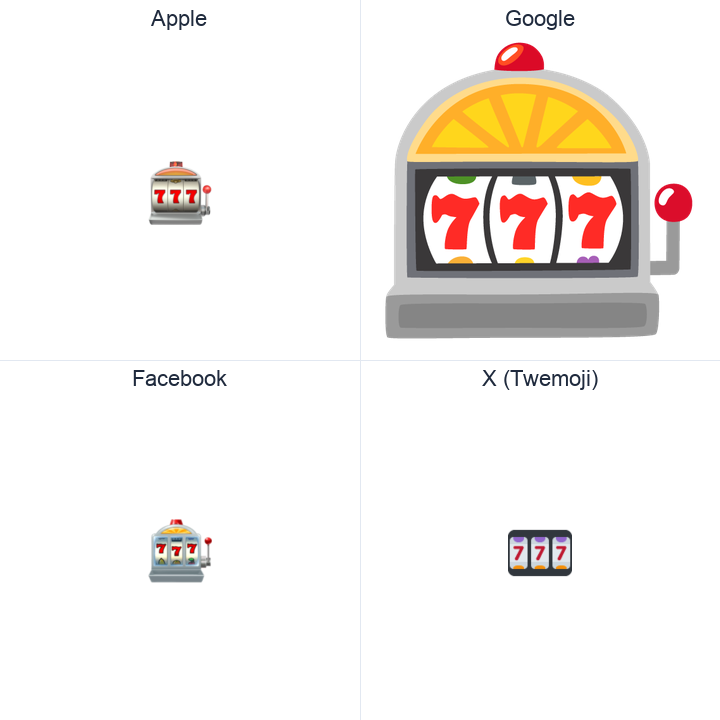 Slot Machine emoji in a square grid: Apple and Google on the top row, Facebook and X Twemoji on the bottom, on white.