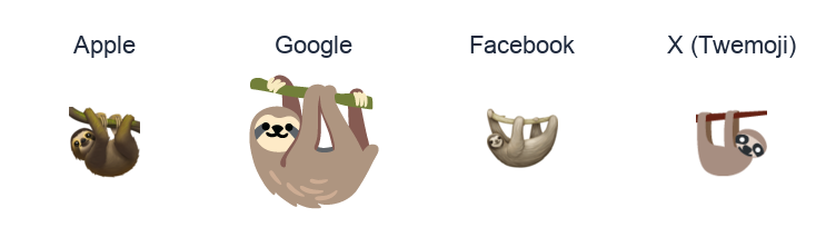 Sloth emoji artwork compared side by side for Apple, Google Noto, Facebook, and X Twemoji styles on white.