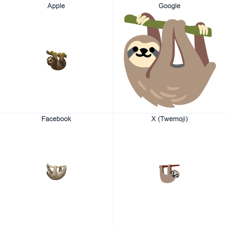 Sloth emoji in a square grid: Apple and Google on the top row, Facebook and X Twemoji on the bottom, on white.