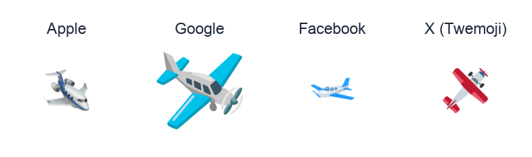 Small Airplane emoji artwork compared side by side for Apple, Google Noto, Facebook, and X Twemoji styles on white.