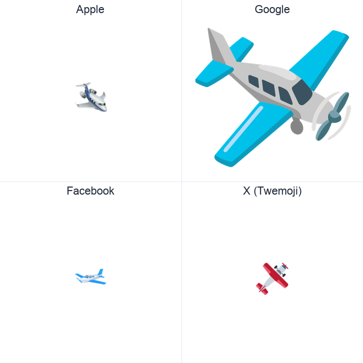 Small Airplane emoji in a square grid: Apple and Google on the top row, Facebook and X Twemoji on the bottom, on white.
