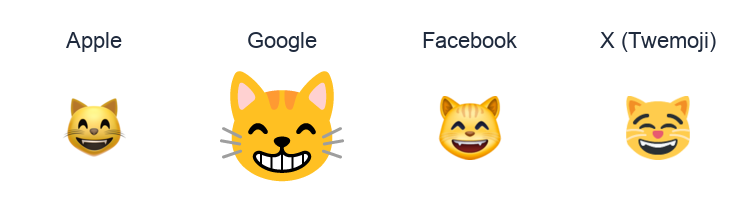Grinning Cat Face With Smiling Eyes emoji artwork compared side by side for Apple, Google Noto, Facebook, and X Twemoji styles on white.
