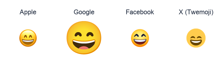 Smiling Face With Open Mouth And Smiling Eyes emoji artwork compared side by side for Apple, Google Noto, Facebook, and X Twemoji styles on white.