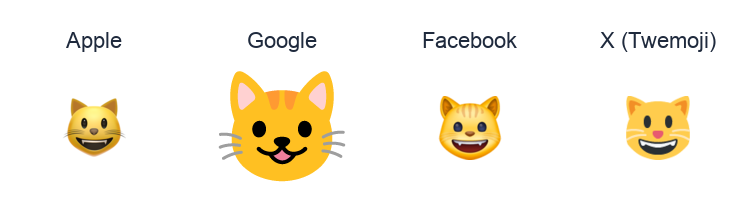 Smiling Cat Face With Open Mouth emoji artwork compared side by side for Apple, Google Noto, Facebook, and X Twemoji styles on white.