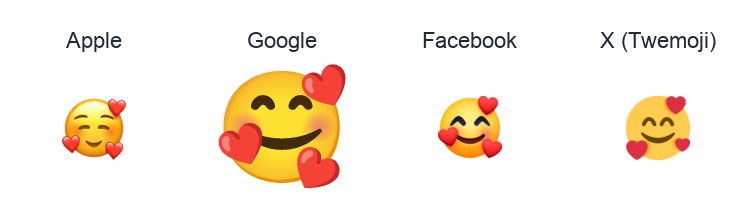 Smiling Face With Smiling Eyes And Three Hearts emoji artwork compared side by side for Apple, Google Noto, Facebook, and X Twemoji styles on white.