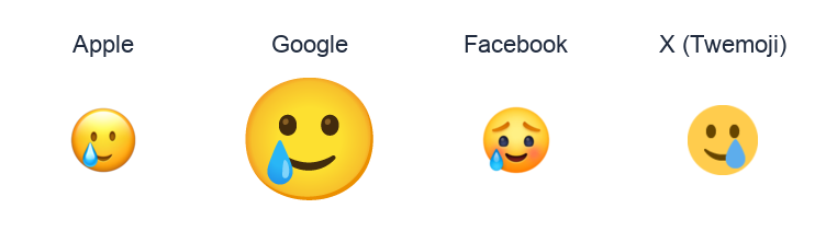 Smiling Face With Tear emoji artwork compared side by side for Apple, Google Noto, Facebook, and X Twemoji styles on white.