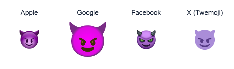 Smiling Face With Horns emoji artwork compared side by side for Apple, Google Noto, Facebook, and X Twemoji styles on white.