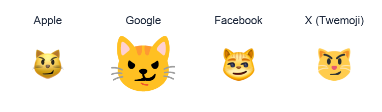 Cat Face With Wry Smile emoji artwork compared side by side for Apple, Google Noto, Facebook, and X Twemoji styles on white.
