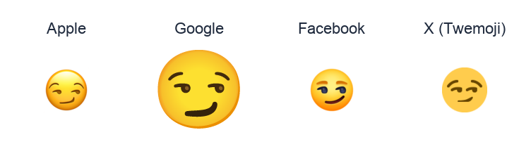 Smirking Face emoji artwork compared side by side for Apple, Google Noto, Facebook, and X Twemoji styles on white.