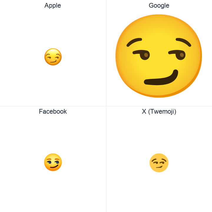 Smirking Face emoji in a square grid: Apple and Google on the top row, Facebook and X Twemoji on the bottom, on white.