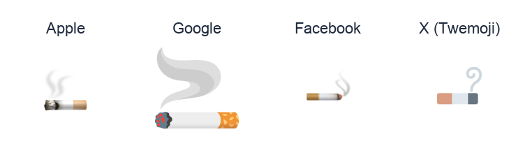 Smoking Symbol emoji artwork compared side by side for Apple, Google Noto, Facebook, and X Twemoji styles on white.