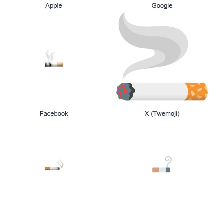 Smoking Symbol emoji in a square grid: Apple and Google on the top row, Facebook and X Twemoji on the bottom, on white.