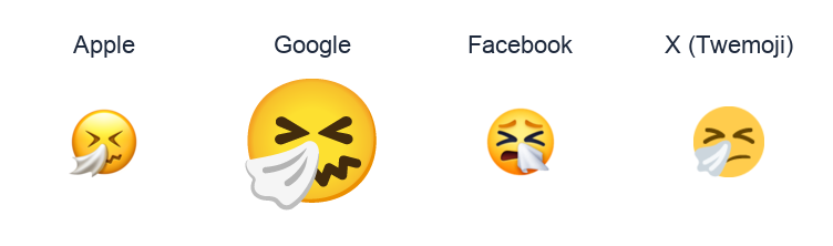 Sneezing Face emoji artwork compared side by side for Apple, Google Noto, Facebook, and X Twemoji styles on white.