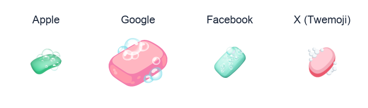Bar Of Soap emoji artwork compared side by side for Apple, Google Noto, Facebook, and X Twemoji styles on white.
