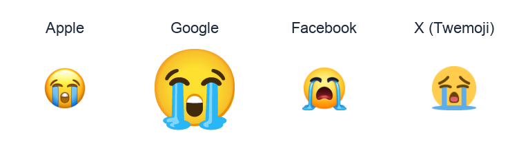 Loudly Crying Face emoji artwork compared side by side for Apple, Google Noto, Facebook, and X Twemoji styles on white.