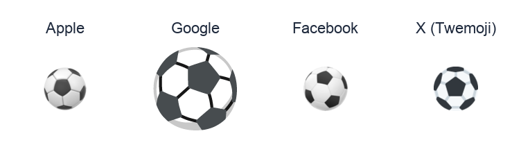 Soccer Ball emoji artwork compared side by side for Apple, Google Noto, Facebook, and X Twemoji styles on white.