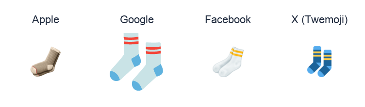 Socks emoji artwork compared side by side for Apple, Google Noto, Facebook, and X Twemoji styles on white.