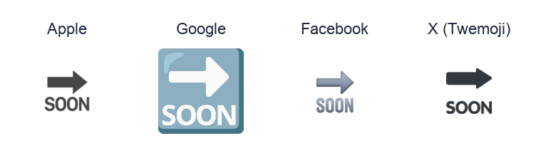 Soon With Rightwards Arrow Above emoji artwork compared side by side for Apple, Google Noto, Facebook, and X Twemoji styles on white.
