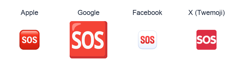 Squared Sos emoji artwork compared side by side for Apple, Google Noto, Facebook, and X Twemoji styles on white.