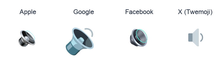 Speaker With One Sound Wave emoji artwork compared side by side for Apple, Google Noto, Facebook, and X Twemoji styles on white.
