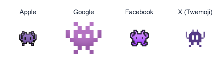 Alien Monster emoji artwork compared side by side for Apple, Google Noto, Facebook, and X Twemoji styles on white.