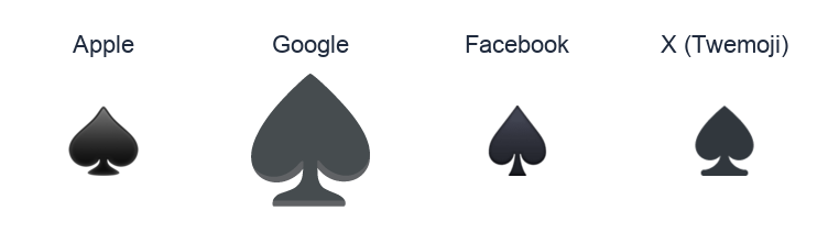 Black Spade Suit emoji artwork compared side by side for Apple, Google Noto, Facebook, and X Twemoji styles on white.