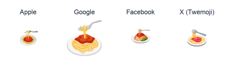 Spaghetti emoji artwork compared side by side for Apple, Google Noto, Facebook, and X Twemoji styles on white.