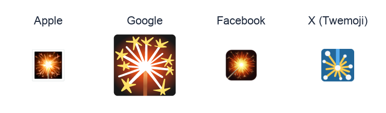 Firework Sparkler emoji artwork compared side by side for Apple, Google Noto, Facebook, and X Twemoji styles on white.