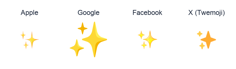 Sparkles emoji artwork compared side by side for Apple, Google Noto, Facebook, and X Twemoji styles on white.