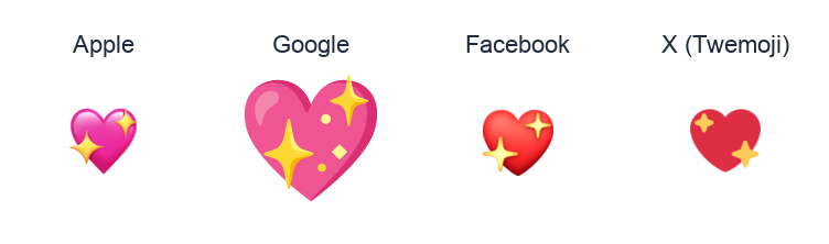 Sparkling Heart emoji artwork compared side by side for Apple, Google Noto, Facebook, and X Twemoji styles on white.