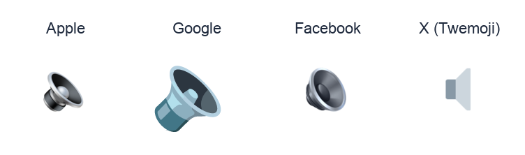 Speaker emoji artwork compared side by side for Apple, Google Noto, Facebook, and X Twemoji styles on white.