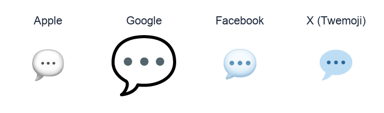 Speech Balloon emoji artwork compared side by side for Apple, Google Noto, Facebook, and X Twemoji styles on white.