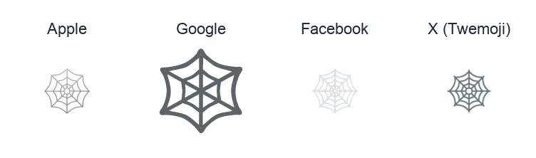 Spider Web emoji artwork compared side by side for Apple, Google Noto, Facebook, and X Twemoji styles on white.
