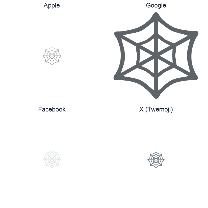 Spider Web emoji in a square grid: Apple and Google on the top row, Facebook and X Twemoji on the bottom, on white.