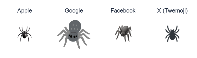 Spider emoji artwork compared side by side for Apple, Google Noto, Facebook, and X Twemoji styles on white.