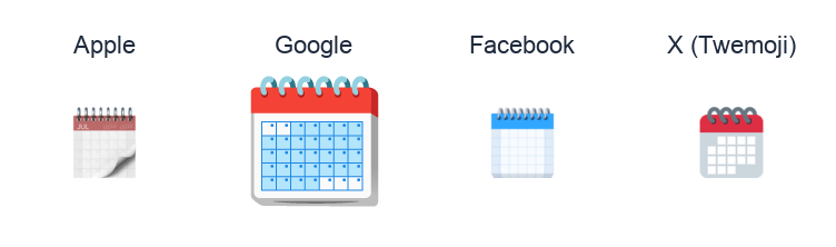 Spiral Calendar emoji artwork compared side by side for Apple, Google Noto, Facebook, and X Twemoji styles on white.