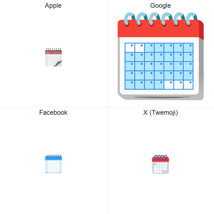 Spiral Calendar emoji in a square grid: Apple and Google on the top row, Facebook and X Twemoji on the bottom, on white.