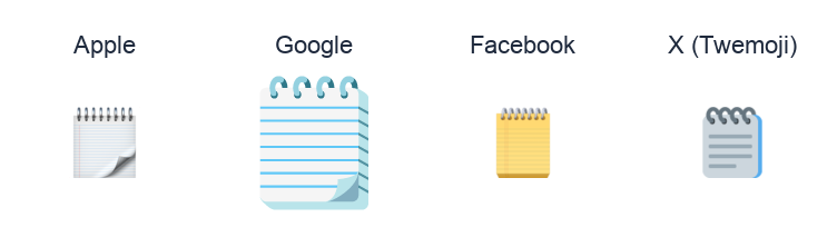 Spiral Notepad emoji artwork compared side by side for Apple, Google Noto, Facebook, and X Twemoji styles on white.