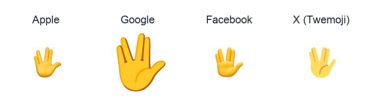 Raised Hand With Part Between Middle And Ring Fingers emoji artwork compared side by side for Apple, Google Noto, Facebook, and X Twemoji styles on white.