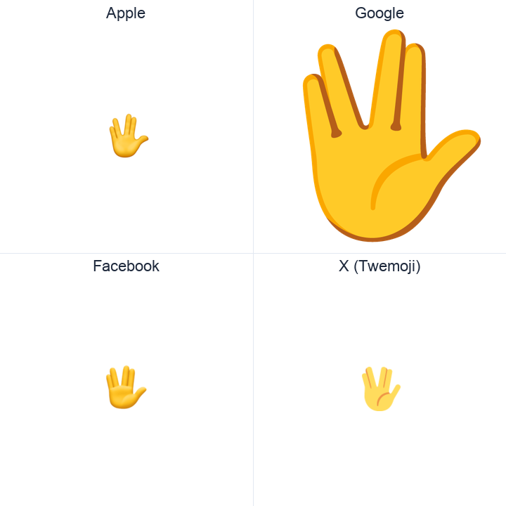 Raised Hand With Part Between Middle And Ring Fingers emoji in a square grid: Apple and Google on the top row, Facebook and X Twemoji on the bottom, on white.