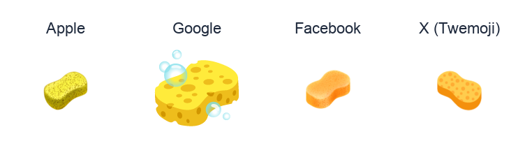 Sponge emoji artwork compared side by side for Apple, Google Noto, Facebook, and X Twemoji styles on white.