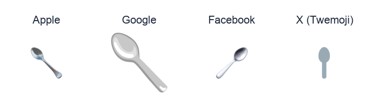 Spoon emoji artwork compared side by side for Apple, Google Noto, Facebook, and X Twemoji styles on white.