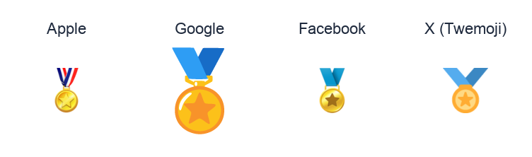 Sports Medal emoji artwork compared side by side for Apple, Google Noto, Facebook, and X Twemoji styles on white.