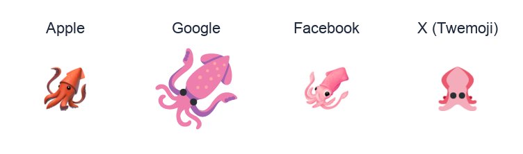 Squid emoji artwork compared side by side for Apple, Google Noto, Facebook, and X Twemoji styles on white.