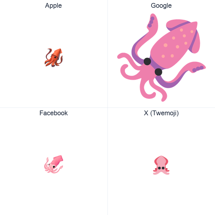 Squid emoji in a square grid: Apple and Google on the top row, Facebook and X Twemoji on the bottom, on white.