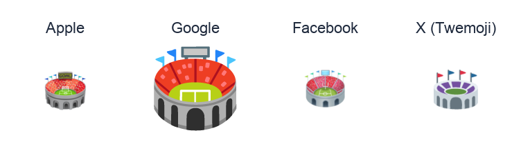 Stadium emoji artwork compared side by side for Apple, Google Noto, Facebook, and X Twemoji styles on white.