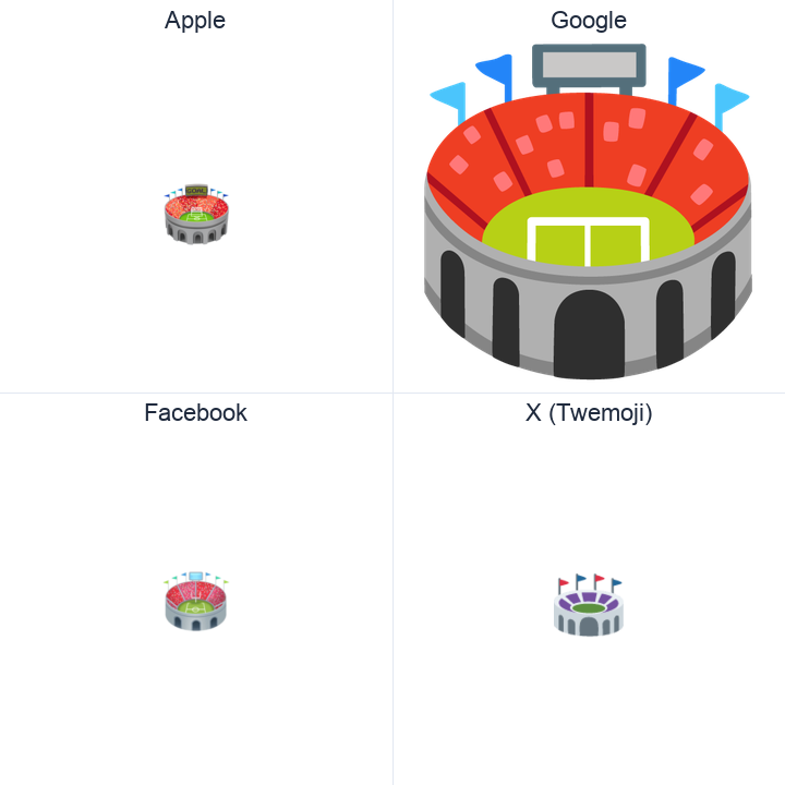 Stadium emoji in a square grid: Apple and Google on the top row, Facebook and X Twemoji on the bottom, on white.