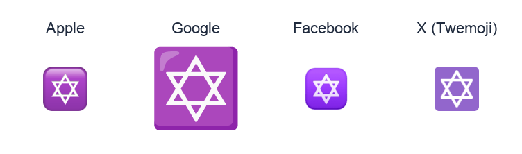 Star Of David emoji artwork compared side by side for Apple, Google Noto, Facebook, and X Twemoji styles on white.
